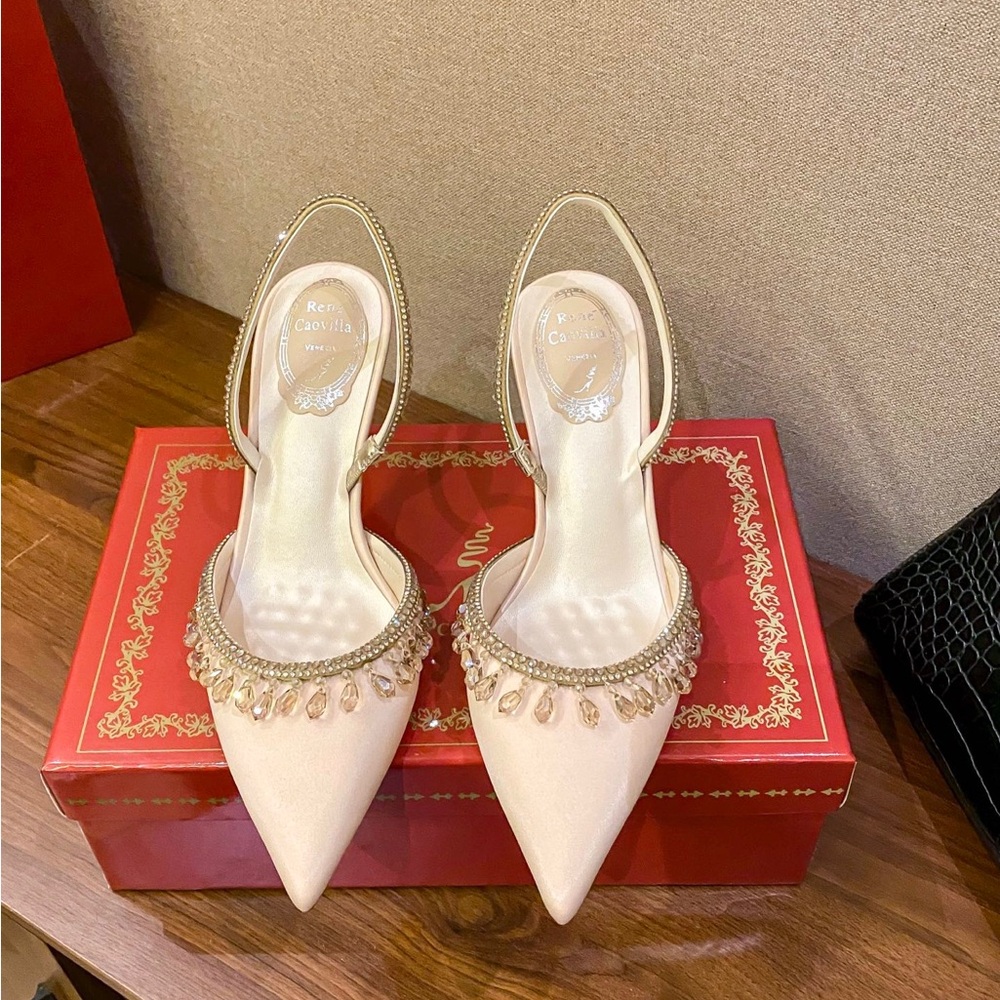 Crystal-Trim Cream Pointed-Toe Slingback Heels